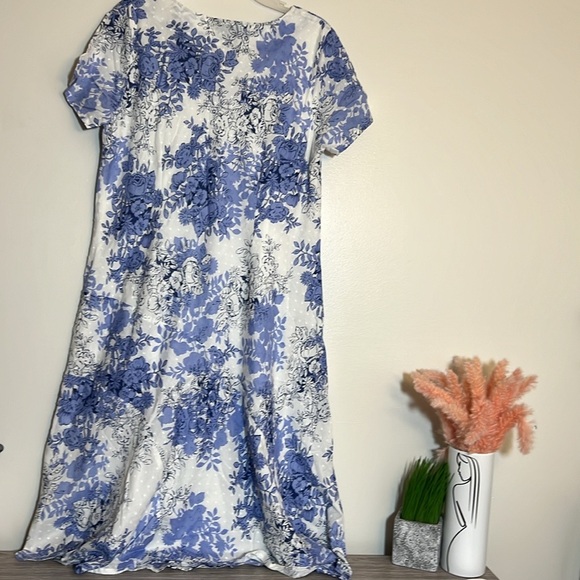 Pomodoro Blue White Swiss Dot Floral Short Sleeve Midi Dress 16 - Picture 3 of 4